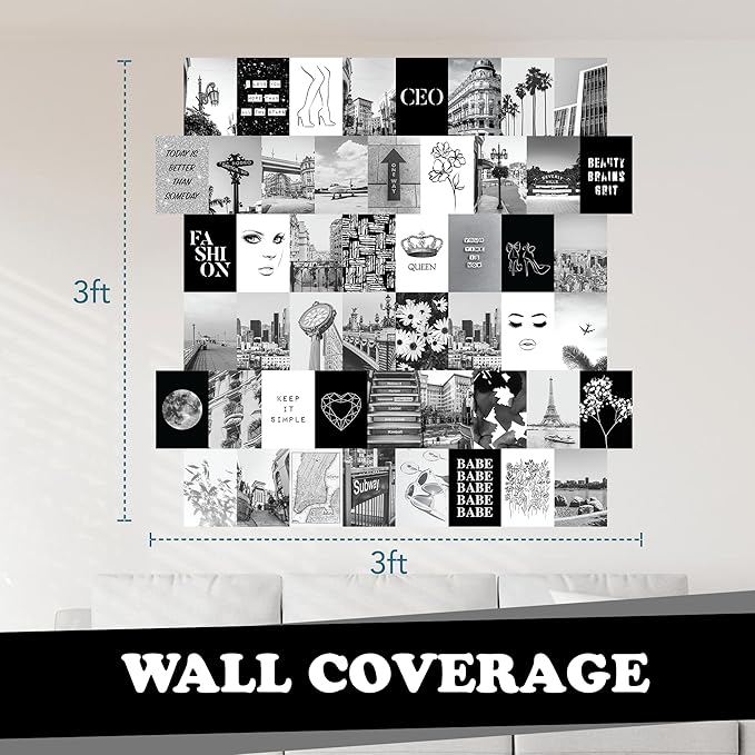 Artivo Black White Aesthetic Picture for Wall Collage 50 set 4x6, City Chic Wall Decor for Teen Girls, Aesthetic Posters, Black Collage Pictures, College Dorm Room Decor, Photo Collection