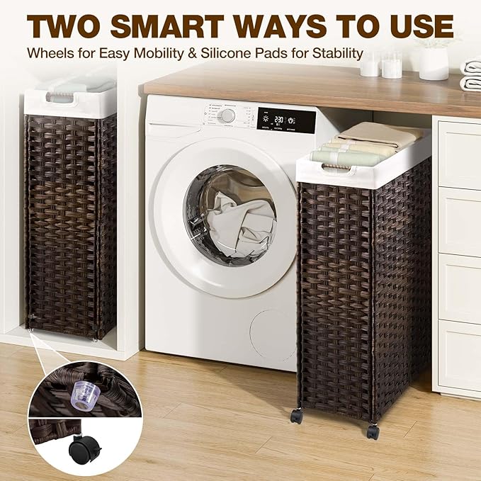 Greenstell Laundry Hamper with Wheels, 11.9 Gallon (45L) Small Clothes Hamper with 2 Removable Liner Bags & 2 Mesh Bags, Slim Rattan Laundry Basket for Bathroom, Bedroom, Brown