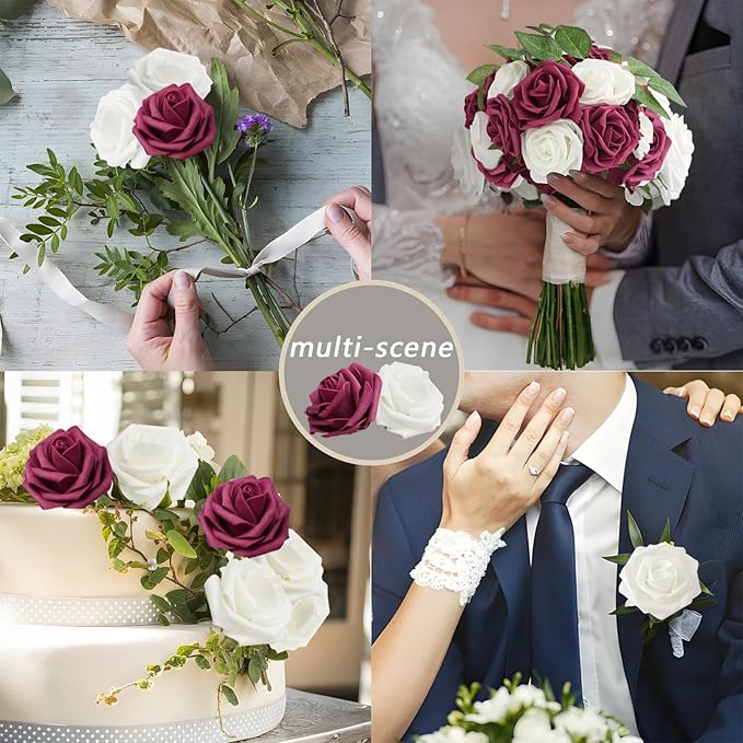 Artificial Flowers White Roses Real Looking Foam Fake Roses with Leaves and for DIY Wedding Bouquets Bridal Shower Centerpieces Party Decorations (Wine red & White, 50)