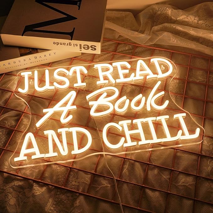 NEONLOVE Neon Sign Just Read A Book And Chill Neon Lights White LED Neon Signs for Wall decor LED Sign with Dimmable Switch Neon Light Up Sign for Classroom Bookstore Library Study Room Reading Party