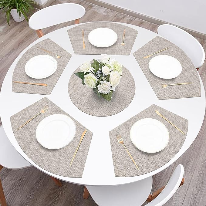 SHACOS Wedge Placemats Set of 8 Woven Vinyl Plastic Placemats for Small Round Table Place Mats Wipe Clean Non Slip Table Mats, Beige White Black