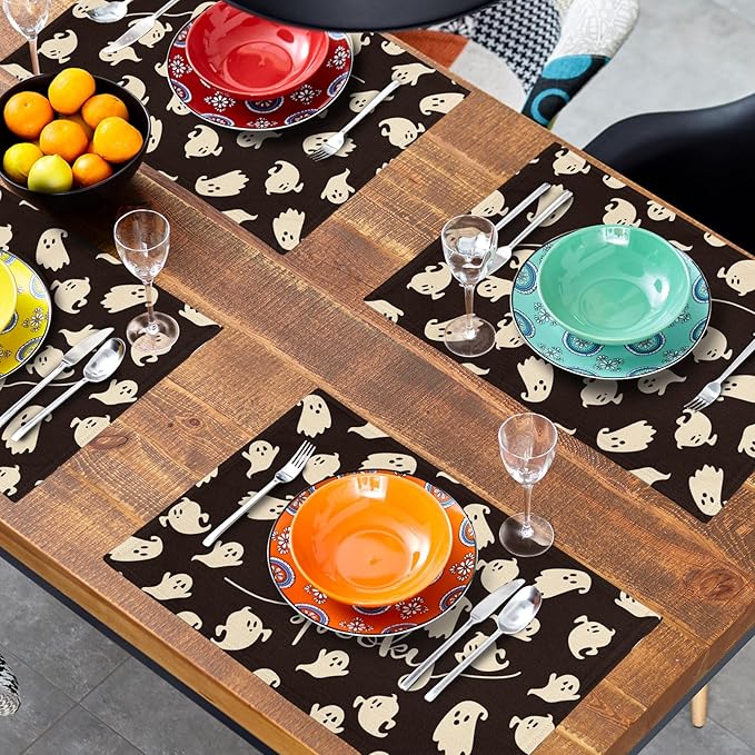 Giwawa Halloween Placemats Set of 4, 12x18 Inch Spooky Gothic Ghosts Black Place Mat for Kitchen Dining, Holiday Double Sided Heat Resistant Table Mats for Tabletop Party Indoor Outdoor Decor