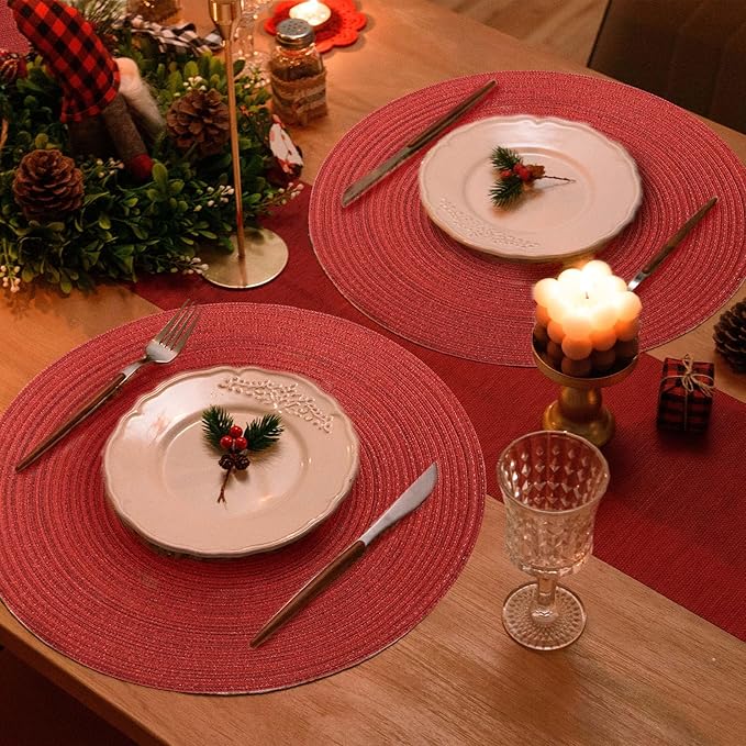 FunWheat Round Placemats Set of 6 Table Mats for Dining Tables Washable Non-Slip Place mats 15 Inch for Christmas(Red Shine)
