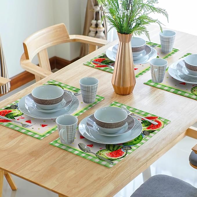 Watercolor Watermelon Gnomes Placemats Set of 4,Green Buffalo Check Plaid Rectangular Linen Kitchen Mats Summer Seasonal Place Mat 12 x 18 Inch for Kitchen Dining Table Decor