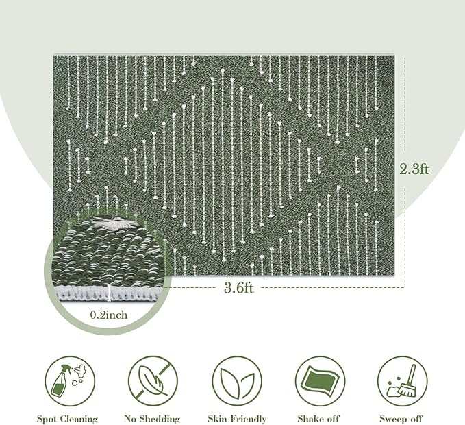 LIVEBOX Boho Green Rug for Entryway Indoor, 2.3' x 3.6' Washable Kitchen Rugs Moroccan Front Door Rug Outdoor Doormat, Hand-Woven Area Rug Carpet for Layered Entrance Porch Bathroom(Green & White)