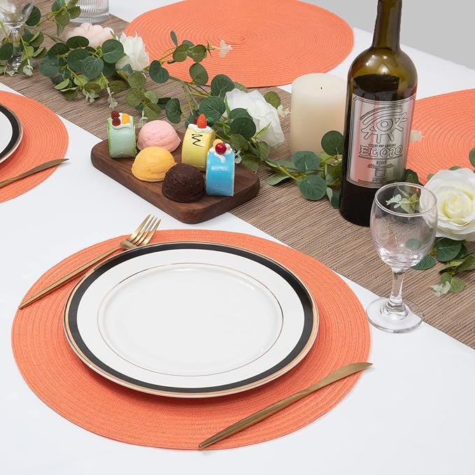 SHACOS Round Braided Placemats Set of 6 Washable Cotton Polyester Round Placemats for Kitchen Table 15 inch Round Table Mats (Coral, 6)