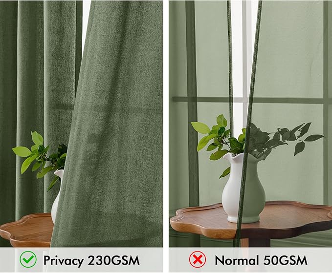 MIULEE Non-See-Through Privacy Linen Curtains 2 Panels, Olive Green Light Filtering Window Curtains Farmhouse Textured Back Tab Semi Sheer Drapes for Bedroom Living Room 90 Inches Long Dark Green
