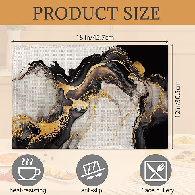White Black Placemats Set of 6,Washable Heat Resistant 12×18 Inch Linen Table Mats Golden Marble Place Mats for Party Outdoor Dining Décor