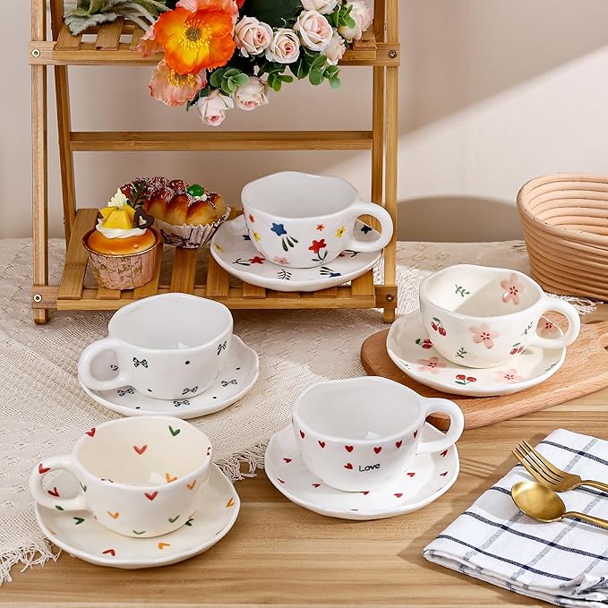Koythin Ceramic Coffee Mug with Saucers, Handmade Flowers Mugs, Cute Cup for Girl Women, Aesthetic Tea Milk Cup with Handle, 8.5 oz/250 ml for Latte, Cocoa, Office, Home (Pink Cherry Flowers)