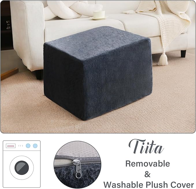 Tiita Stuffed Pouf Ottoman, Square Foot Stool Fluffy Floor Poufs Chair for Living Room Bedroom, Filled Boho Foot Rest for Couch, Blue-Grey