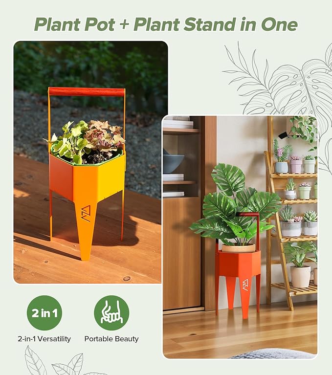 Planter with Stand, Metal 2 in 1 Portable Planter with Grow Bags & Handle, Stable Stylish Indoor Plant Pots with Stand, Modern Flower Pot Outdoor, 7.5'' x 17.3'', Orange, Plant Not Included