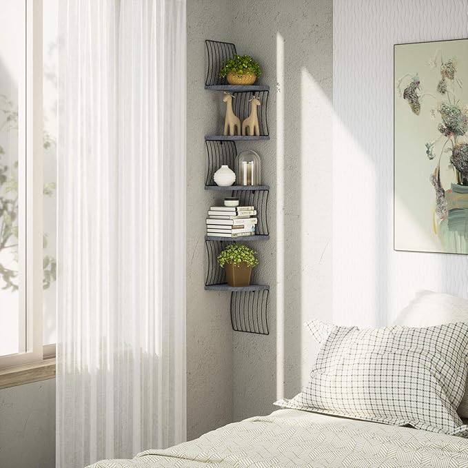 Love-KANKEI Corner Shelf Wall Mount of 5 Tier Rustic Wood Floating Shelves for Bedroom Wall Shelves Living Room Bathroom Kitchen Office and More Weathered Grey