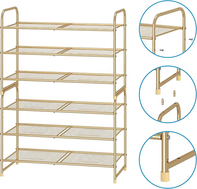 Simple Trending 3-Tier Stackable Shoe Rack, Expandable & Adjustable Shoe Shelf Storage Organizer, Metal Mesh, Gold