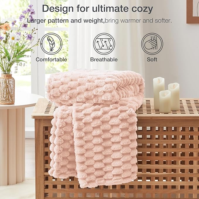 EXQ Home Fleece Throw Blanket for Couch and Bed, 3D Imitation Large Turtle Shell Jacquard Decorative Blankets, Plush Lightweight Fuzzy Flannel Blanket Suitable for All Seasons (50"×60",Pink)