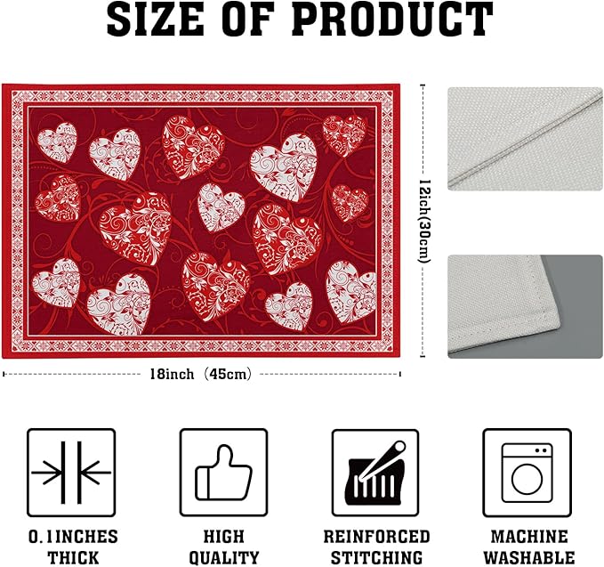 Giwawa Love Heart Placemats Set of 4, Valentines Day Red White Hearts Print Linen Place Mat 12x18 Inch, Romantic Non-Slip Washable Table Mats Kitchen Dining Tabletop Holiday Party Wedding Decor