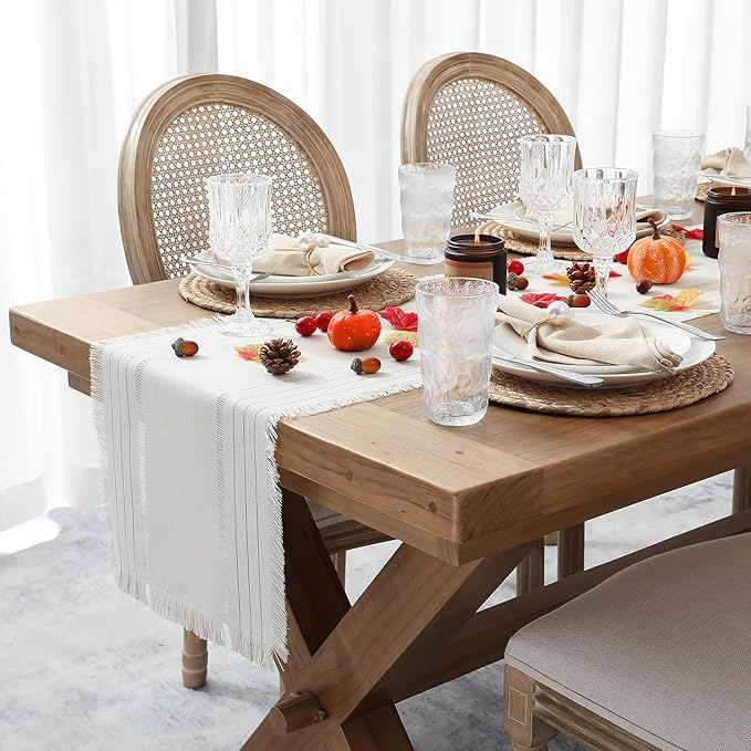 Chassic Farmhouse Style Table Runners with Tassel, Rustic Boho 60 inches Long Table Runner for Dining Room,Holiday, Party and Wedding Tabletops Decor, 14 x 60 inch - Cream