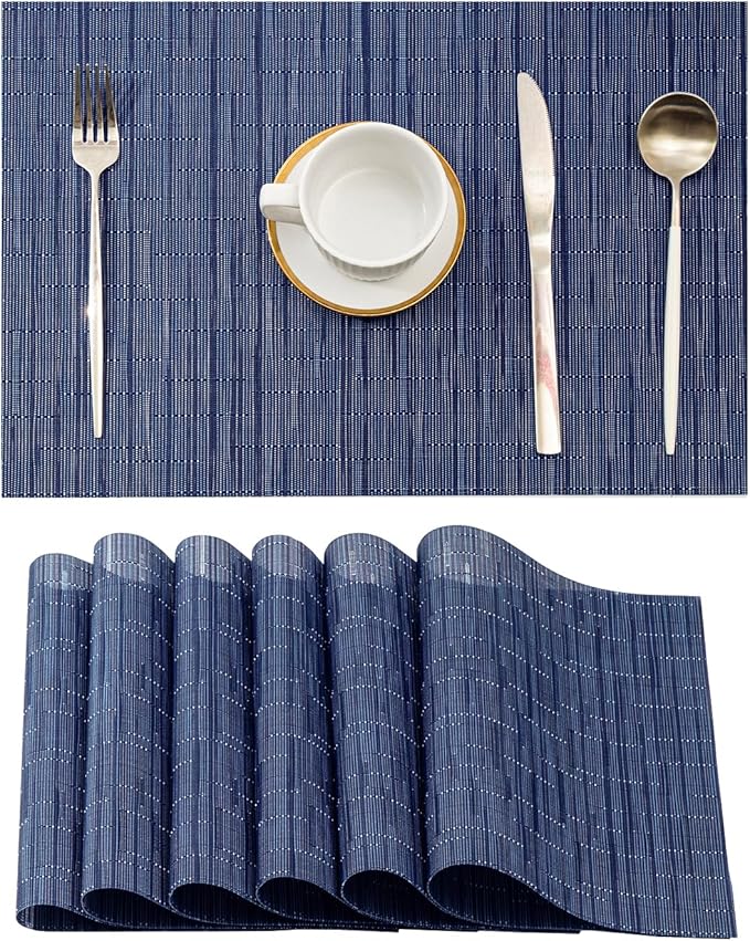 Leetaltree Blue Placemats Set of 6 - Heat Resistant Non-Slip Place mats for Dining Table, Washable Durable PVC Vinyl Woven Table Mats(Blue, 6)