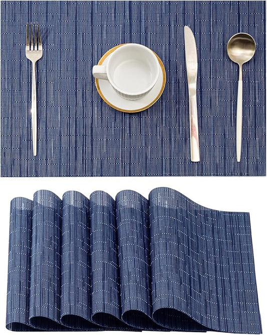 Leetaltree Blue Placemats Set of 6 - Heat Resistant Non-Slip Place mats for Dining Table, Washable Durable PVC Vinyl Woven Table Mats(Blue, 6)