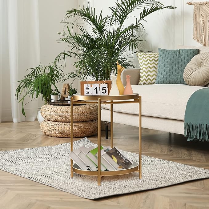 TeoKJ 2 Tier Gold Side Table, Folding Round Metal End Table Small Nightstand with Two Removable Tray for Bedroom Living Room Bedside Small Spaces Gold + White