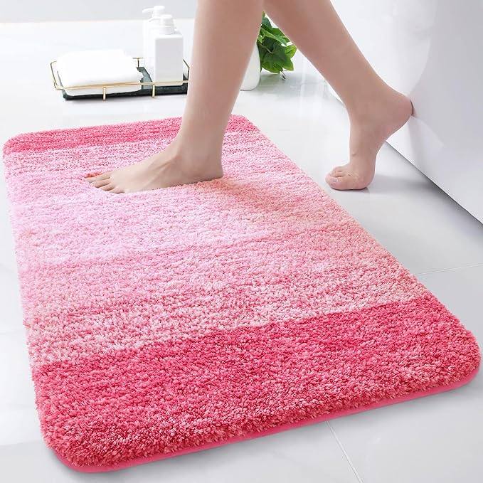 Arotive Microfiber Bathroom Rugs, Shaggy Soft and Absorbent Bath Rug, Non-Slip, Thick Plush Machine Washable Dry Bath Mats for Bathroom, Tub and Shower, 24x16, Pink