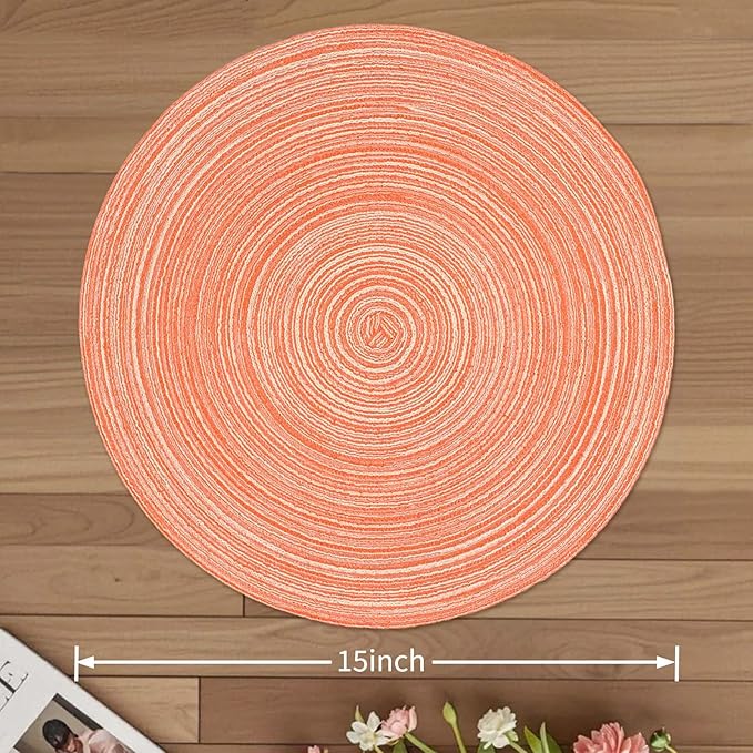Noctiflorous 15 Inch Round Placemats Set of 6 Durable Braided Woven Heat Resistant Table Mats for Indoor Outdoor Non Slip Dining Table Place Mats(Light Orange, 6)