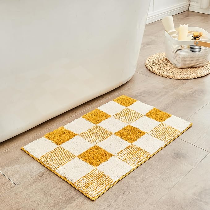 CozeCube Checkered Bath mats Non Slip, Fluffy Absorbent Microfiber Bath mat Washable, Aesthetic Bathroom Rugs, Large Bath mat for Bathroom Floor, Tub and Shower, Harvest Gold, 36"X24"