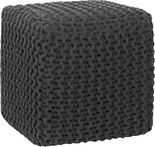 COTTON CRAFT Braided Cube Pouf - Hand Knitted Cotton Cord Cable Dori Ottoman - Foot Stool - Floor Pouf - Footrest - Portable Lightweight Accent Seat - Living Room Bedroom Dorm - 15 x 15 Square - Grey