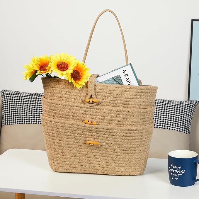 DULLEMELO Hanging Baskets for Organizing, Jute 3-Tier Woven Hanging Wall Baskets for Storage, Decorative Hanging Storage Basket with Button Strap,Over The Door Basket with Door Hooks