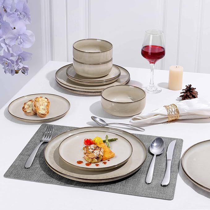 Herogo Dinnerware Sets with Pasta Bowls, 16 Piece Plates and Bowls Set for 4, Modern Stoneware Dinner Dishes for Kitchen Dinning, Dishwasher & Microwave Safe, Cream Khaki