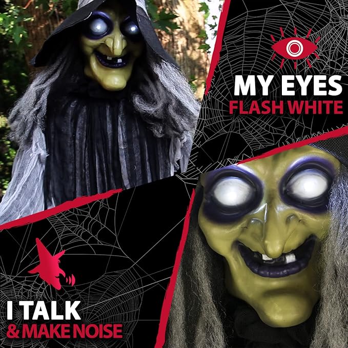 Haunted Hill Farm 9.5-Ft. Animatronic Witch, Indoor or Covered Outdoor Halloween Decoration, Prop With Light-up White Eyes, Poseable and Battery Operated Fright Prop for Home