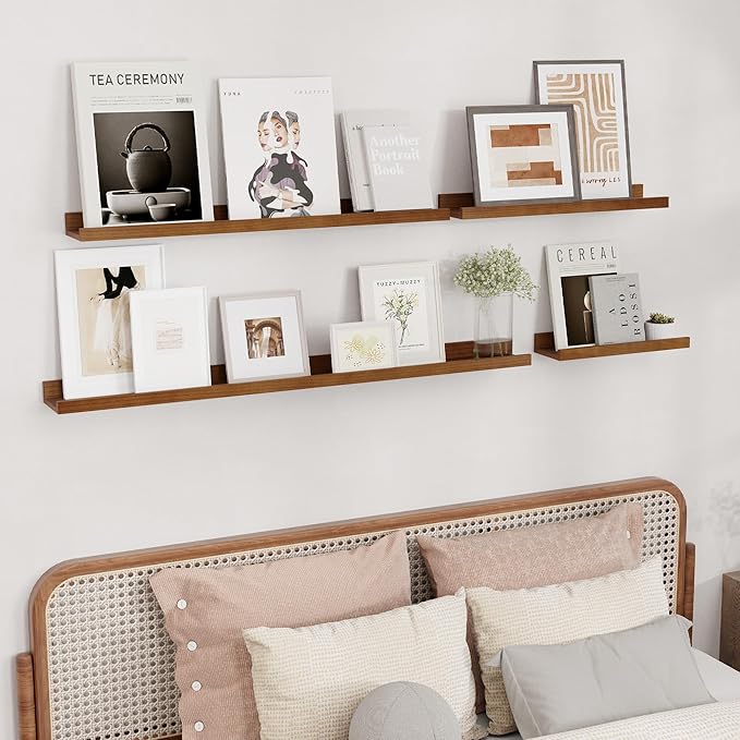 Picture Ledge Shelf, Solid Pine Wood Rustic Floating Shelves for Wall, 24 Inch Floating Shelves with Lip for Bedroom Kitchen Living Room Nursery Display Wall Decor, Set of 2 (Walnut)