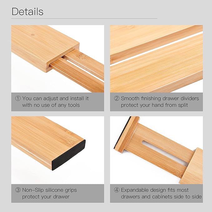 Utoplike 4 PCS Bamboo Kitchen Drawer Dividers(Fits 15"-17.7" Drawer Inner Size), Adjustable Drawer Organizers for Socks, Spring Loaded, Works in Drawer for Bedroom, Kitchen, Dresser, Bathroom, Desk