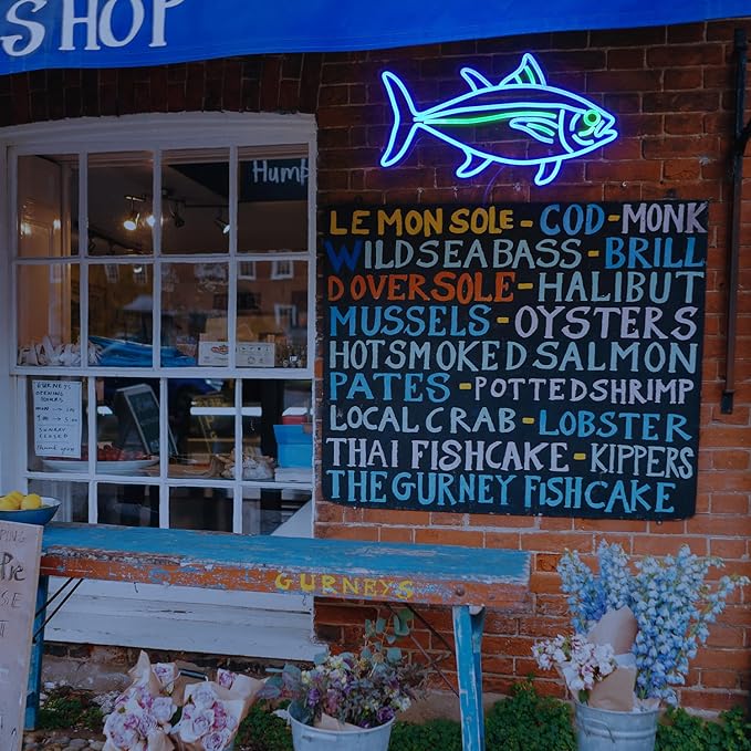 Tuna Neon Sign Blue Green Fish Neon Lights Signs for Wall Decor Dimmable Led Signs for Bedroom Living Room Restaurant Office Birthday Gifts(16.9’’X9.6’’)