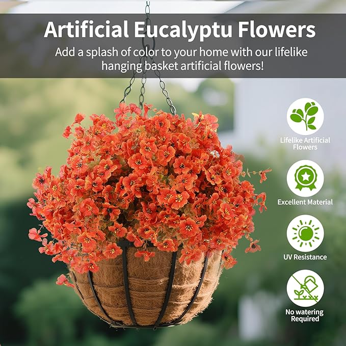 14 Bunch Outdoor Artificial Flowers with Plastic Plants Eucalyptus Faux Flowers, Outdoor Front Porch Hanging Planter Window Frame Garden Decor (Orange)