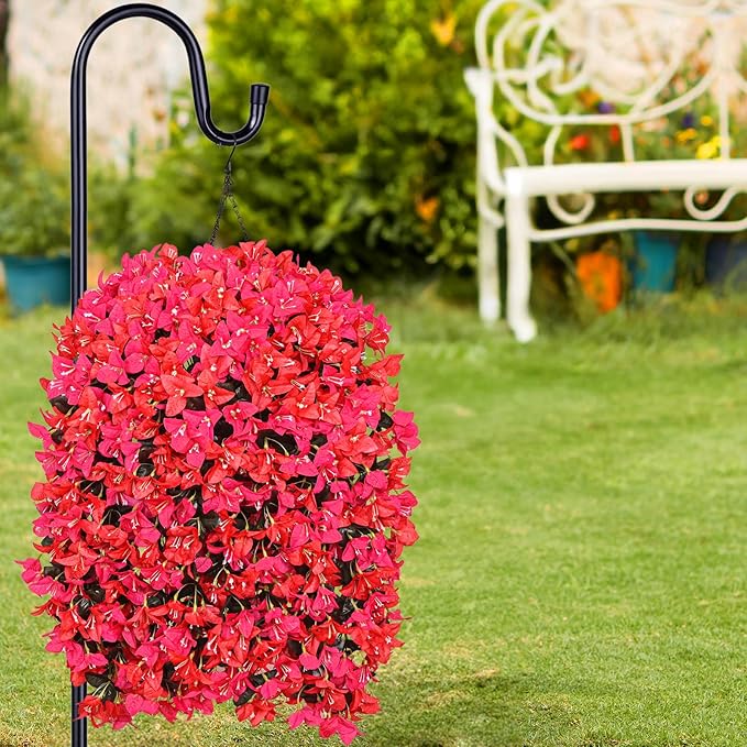4 Pcs UV Resistant Artificial Flowers for Outdoors, Realistic Faux Silk Bougainvillea Flowers, Fake Hanging Plants for Porch Patio Balcony Decoration (Rose red & Red)