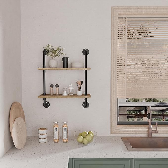 2 Tier Industrial Pipe Shelf,24 inch Industrial Wall Shelves,Rustic Wall Mounted Bookshelf,Floating Shelf with Pipe,Pipe Shelving for Bathroom,Living Room,Kitchen,Bedroom