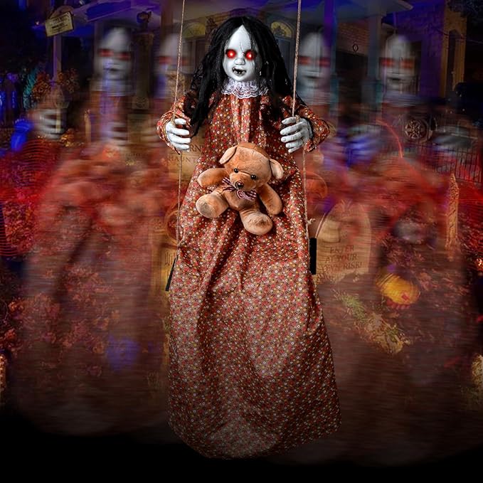 3.75 Ft Scary Halloween Decorations Outdoor, Halloween Hanging Swinging Girl with Sound & Touch Activated/Creepy Sound/Light Up Eyes/Scary Expression, Halloween Decor Props for Indoor Outside