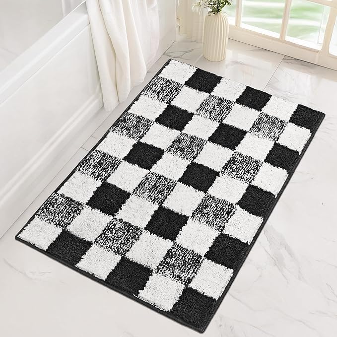 GRANNY SAYS Checkered Black Bathroom Rugs, 36" x 24", Non-Slip Bath Mats for Bathroom, Plush Shag Absorbent Microfiber Ultra Soft Bath Mat, Cute Washable Rug for Tub, Shower, Bedroom