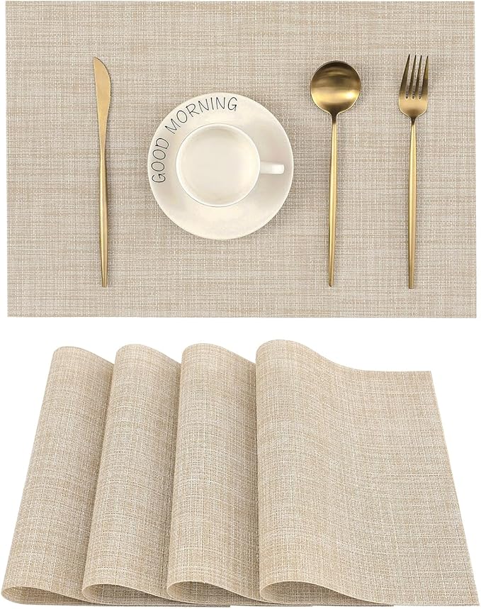 Leetaltree Beige Placemats Set of 4 - Heat Resistant Non-Slip Place mats for Dining Table, Washable Durable PVC Vinyl Woven Table Mats(Beige, 4)