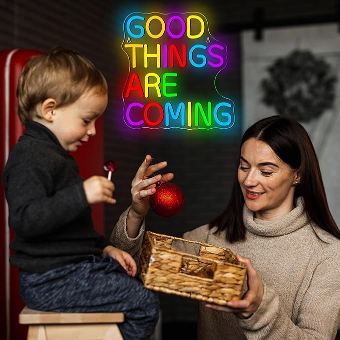 Good Things Are Coming Neon Signs for Wall Decor,Dimmable Positivity Inspirational Lucky Neon Sign, Positive Quote Decor, Mental Health LED Sign, Motivational Neon Light, Home Wall Sign(12.5 * 12.9in)