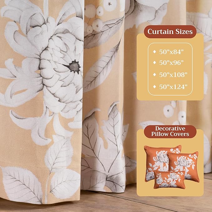 Maison d' Hermine Curtains for Living Room 100% Cotton 124 inch Length One Panel Light Filtering Curtains for Bedroom Windows with Rod and Loop Pockets Drapes (Pretty Autumn, 50" W x 124" L)