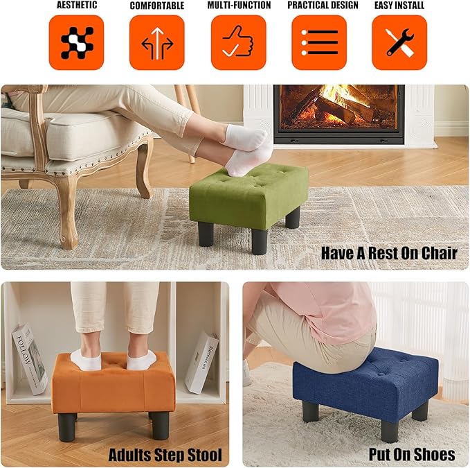BRIAN & DANY Small Foot Stool, Linen Foot Stools with Legs, Stable Small Footstool for Living Room, Blue