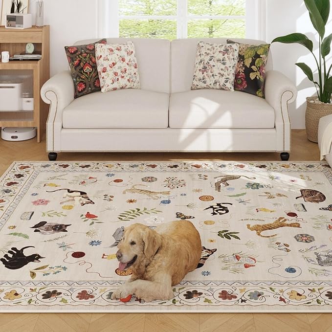 Living Room Rug 5x7 Rug Machine Washable Boho Area Rug Non Slip Floral Animal Cat Vintage Low Pile Large Rugs for Living Room Bedroom Farmhouse Dining Room Kids Playroom, Beige
