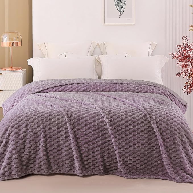 Exclusivo Mezcla Twin Size Soft Fleece Blanket, 90x66 Inches Stylish Jacquard Velvet Blanket for Bed, Fuzzy Cozy Lightweight for All Season, Grayish Purple