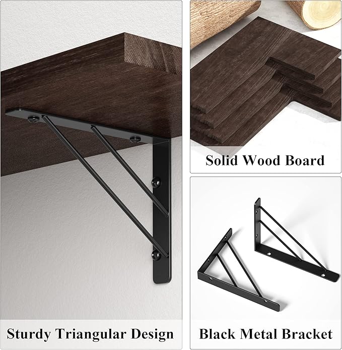 Love-KANKEI Corner Shelf Wall Mounted,Floating Wall Shelves for Storage,Rustic Wood Hanging Shelves for Display,Bedroom Bathroom Living Room Kitchen,Set of 4, Dark Brown