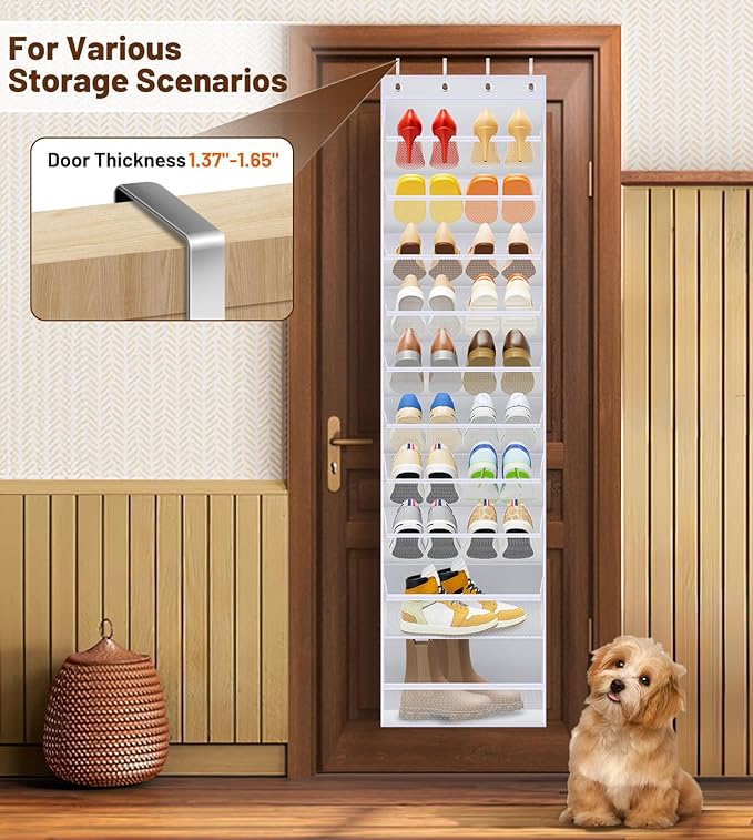 MISSLO 10 Tier Over the Door Shoe Organizer Breathable Mesh Hanging Shoe Rack for Closet Storage Shoe Holder for Door Fit 20 Pairs Sandals, Heels, Boots (White)