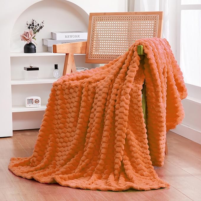 Puncuntex Burnt Orange Throw Blanket 60"×80" inches Fuzzy 3D Jacquard Decorative Flannel Fleece Super Soft Plush Cozy Blanket for Couch Sofa Chair Lightweight