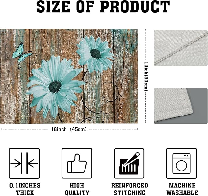 Giwawa Rustic Daisy Placemats Set of 4- Teal Sunflowers on Vintage Wood Board Linen Place Mat- Farmhouse Wooden Non Slip Heat Resistant Table Mats for Dining Kitchen Cabin Lodge Decor