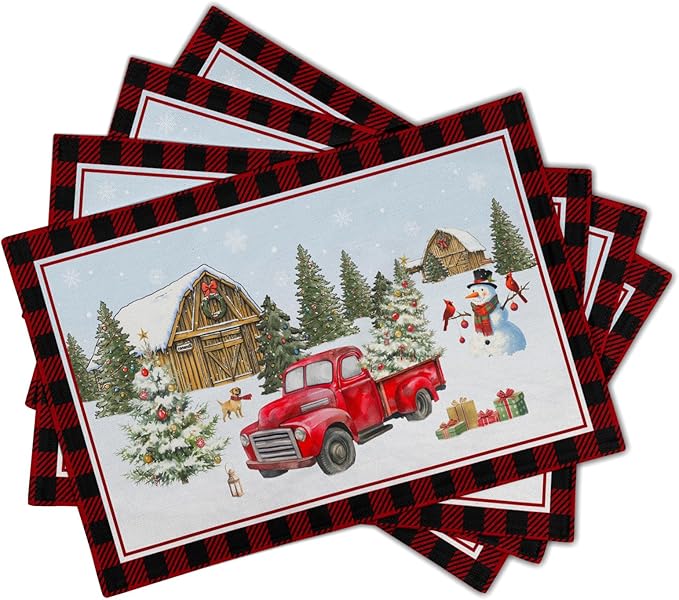 Giwawa Christmas Truck Placemats Set of 4 Winter Snowman Xmas Trees Place Mat with Black Red Buffalo Plaids 12"x18" Snow Farm Scene Non Slip Table Mats for Kitchen Dining Holiday Party Decor