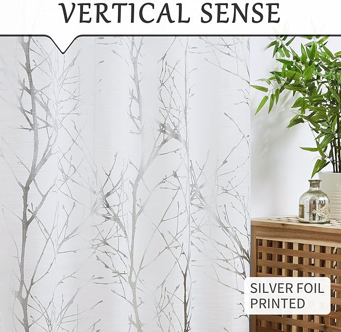 FMFUNCTEX Linen Semi Sheer Curtains for Living Room & Bedroom, Silver Metallic Print White Tree Panel, Light Filtering 84" Long Grommet Top 2 Panels